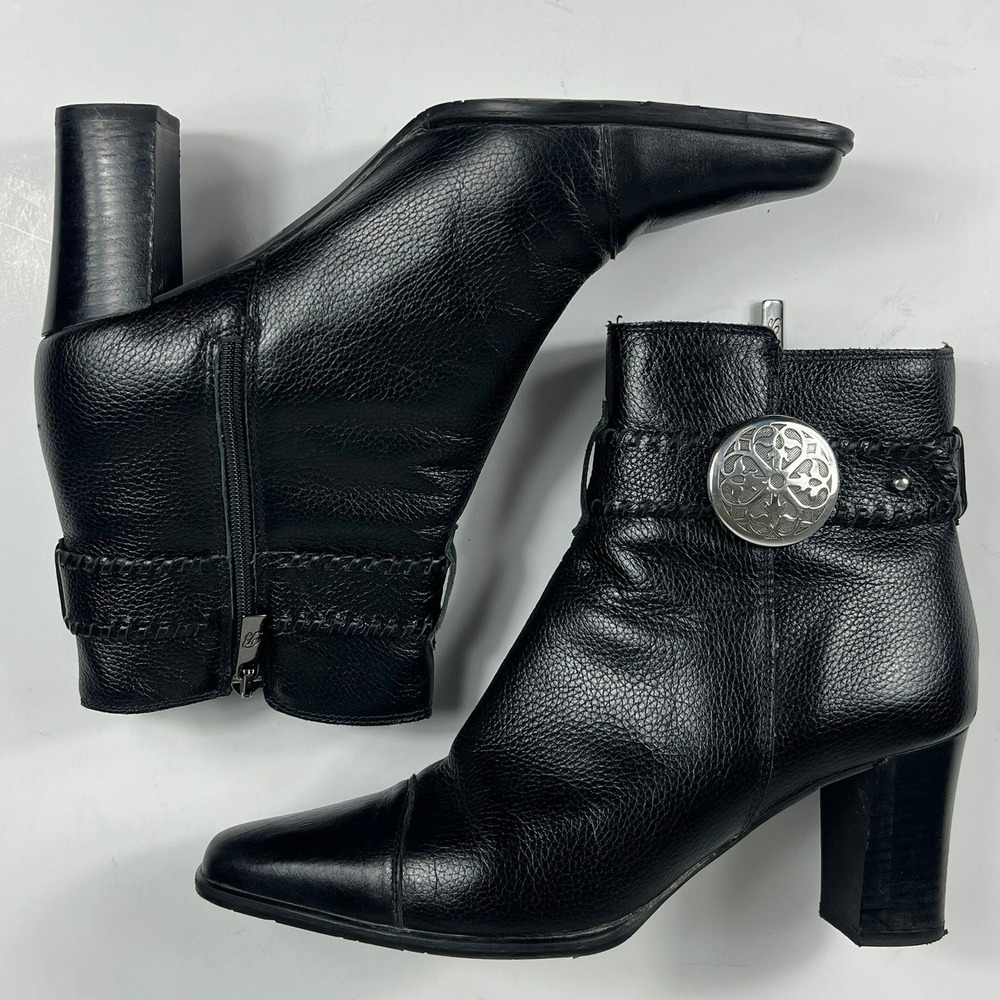 Brighton Rylee Ankle Boots Leather Silver Concho Square Toe Black Womens 7 M - Picture 5 of 11